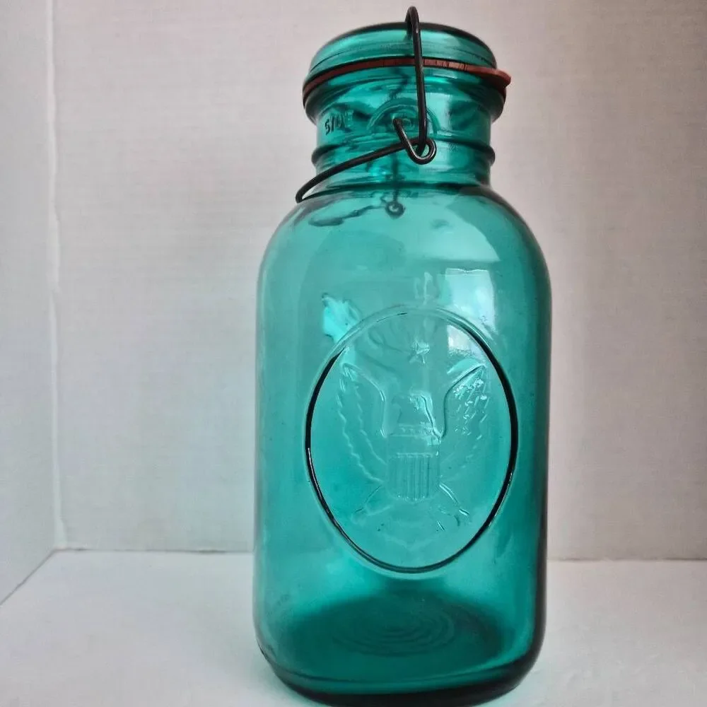 Vintage Ball Ideal Aqua Blue Mason Jar w/ Bicentennial Eagle & Wire Side Closure